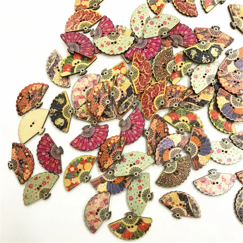 50PCS Mixed Wooden Sewing Buttons Scrapbooking Fan Mixed Two Holes Retro Crafts Home Decor Accessories DIY 30MM Craft Buttons