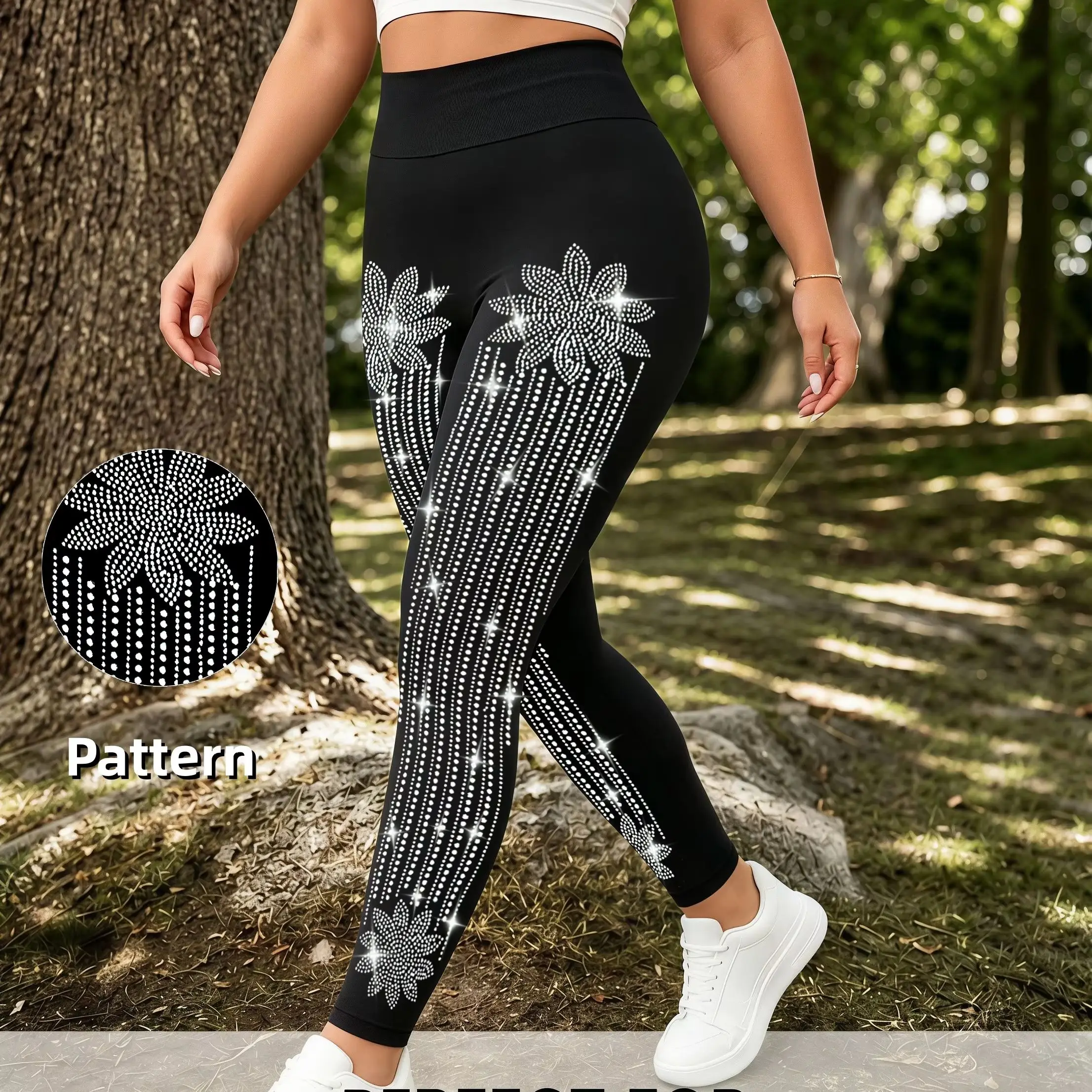 Damen Silberne Blumen-Quasten-Leggings mit Vertikalen Strass-Verzierungen, Exquisite Stylische Hochelastische Hose – Detail 2