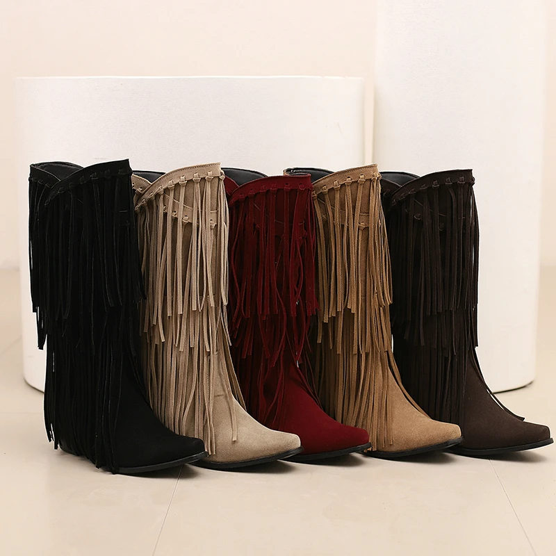 Faux Suede Nude Color Women Shoes Winter Western Cowboy Botas With Fringes Big Size 46 47 48 Knee-high Boho Chunky Heel Boots