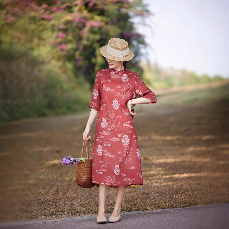 

Ramie dress age-reducing seven-quarter sleeve stand-up collar buckle printing improved cheongsam fashion casual versatile simple