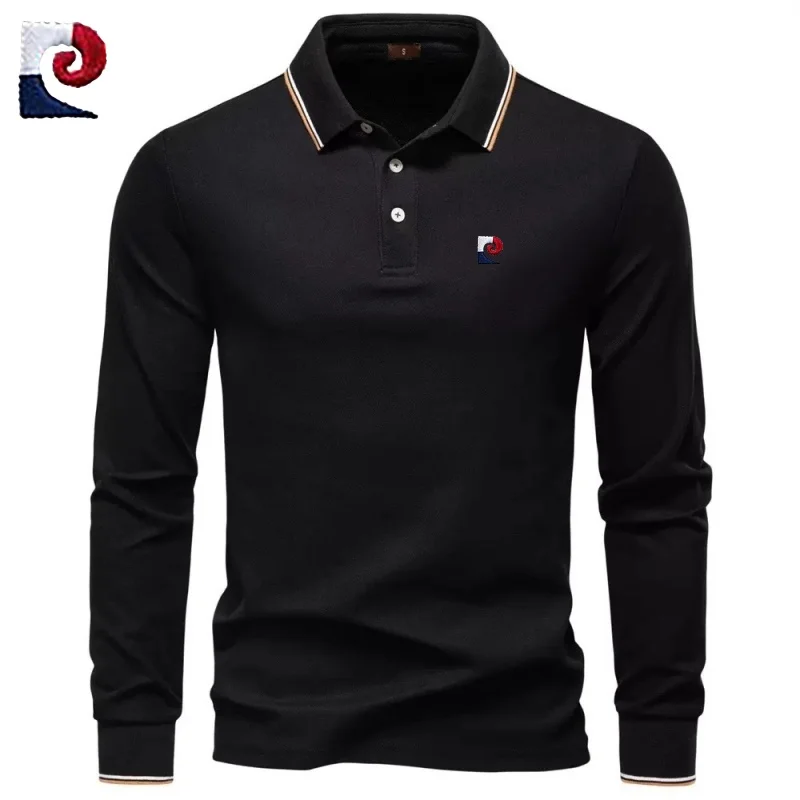 قميص بولو رجالي جديد عالي الجودة مصنوع من القطن الخالص بنسبة 100% بأكمام طويلة، قميص علوي عصري وكاجوال ومريح ومتعدد الاستخدامات