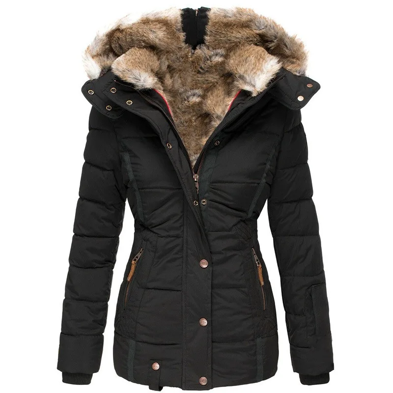 FSMG Winter Warm Women\'s Quilted Coats Fur Hooded Solid Color Slim Women\'s Clothing Fit Windproof Cotton Jacket Female Outerwear