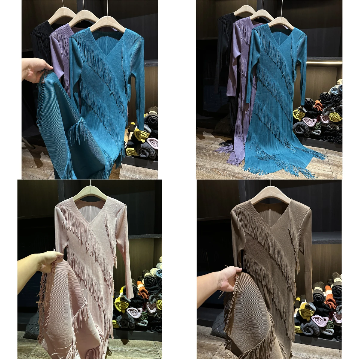 

Miyake Pleated 2025 Autumn New Style Temperament Solid Color V-neck Pleated Fringe Dress Versatile Mid Length Skirt for Women