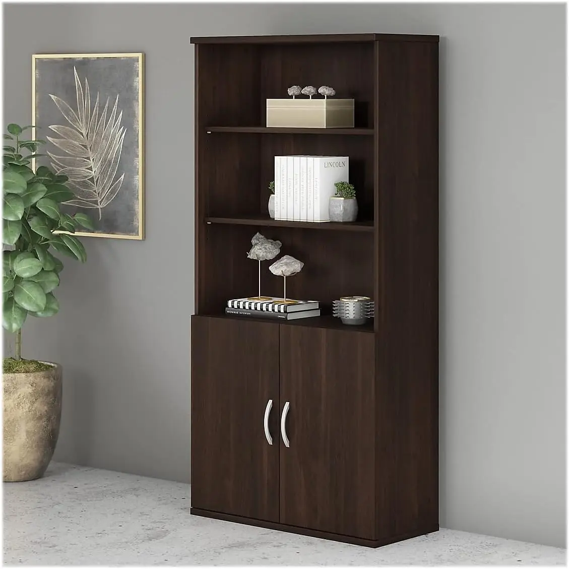 Black walnut high 5 shelf bookcase, large bookcase for home or professional officeThree adjustable shelves provide flexibility