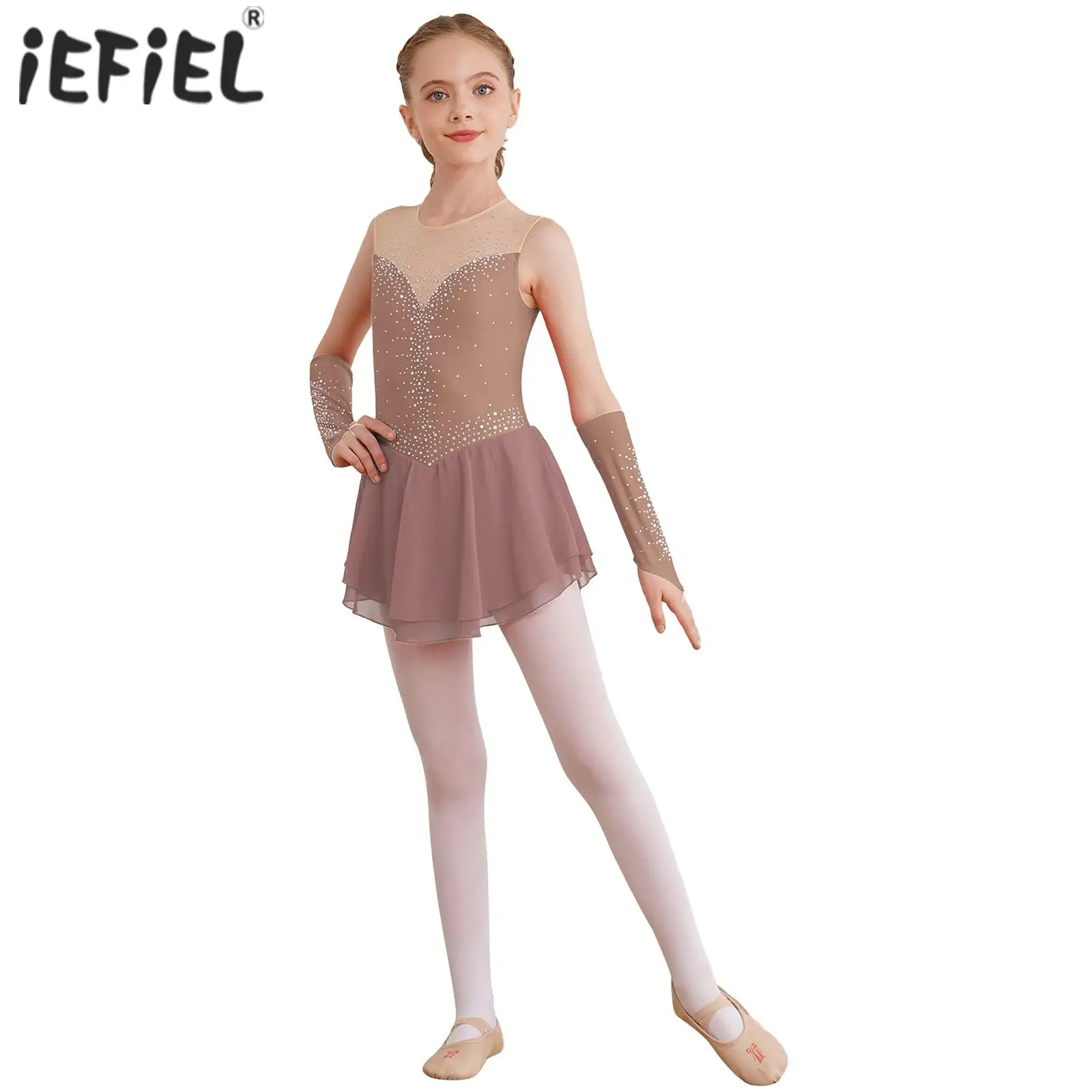 Kids Girls Rhythmic Gymnastics Figure Skating Dress Glittering Rhinestone Keyhole Back Ballet Lyrical Dance Dress with Gloves