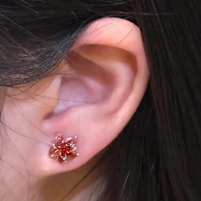 خمر الأحمر المينا زهرة أقراط صغيرة للنساء الفرنسية الحلو لطيف هندسية شخصية ثقب القرط مجوهرات الزفاف