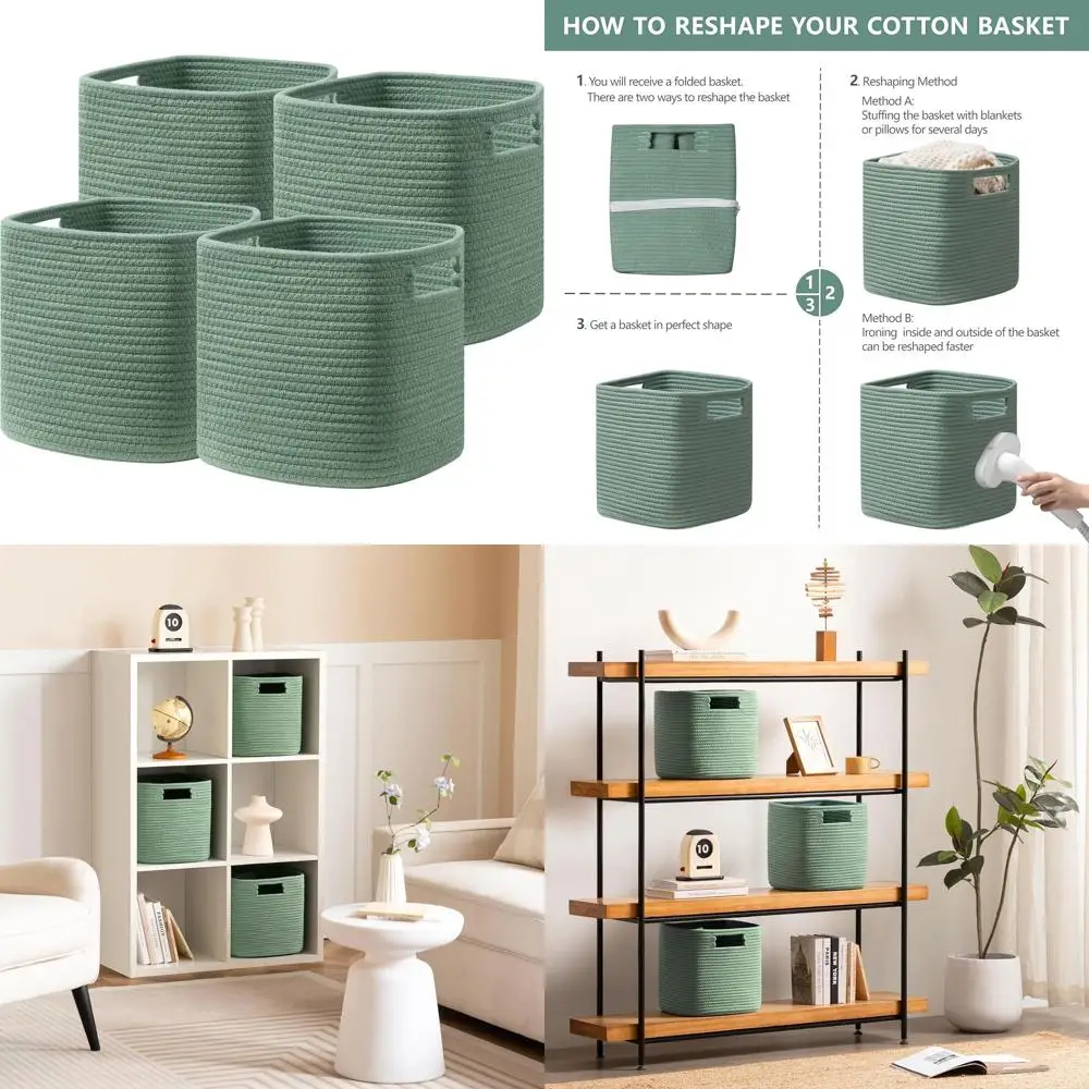 

4-Pack Green Cotton Rope Storage Cubes with Handles for Organizing Toys, Books, Clothes, and More