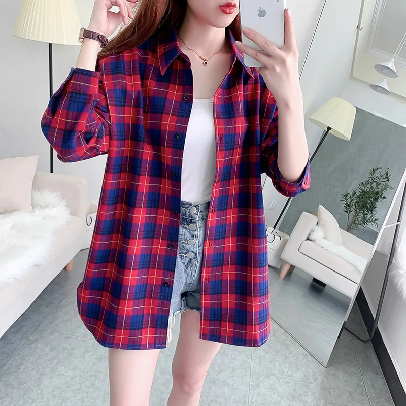 Fashion Casual Plaid Shirt Women 2024 New Ladies Long Sleeve Shirts Tops Fresh Female Loose Large Size Checked Blouses Clothes