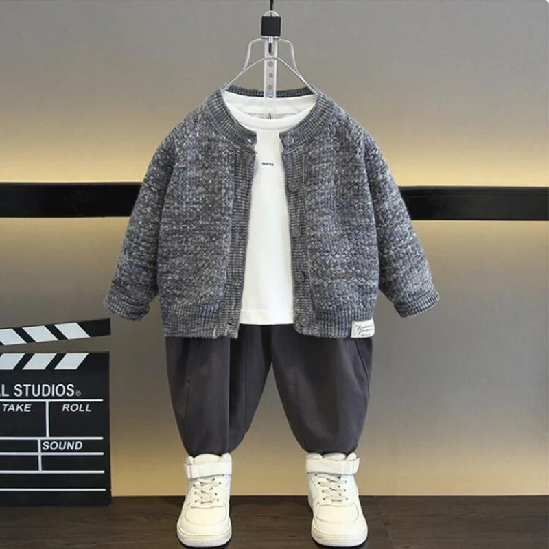 Spring&Autumn Boys Clothes Suit Cute Boy Knit Cardigan+T-Shirt+Pants 3PCS/Set Casual Kids Leisure Suit Fashion Children Outfits
