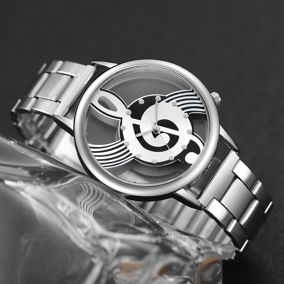 2pcs/set Women Stainless Steel Musical Note Quartz Watch with Heart-shaped Bracelet