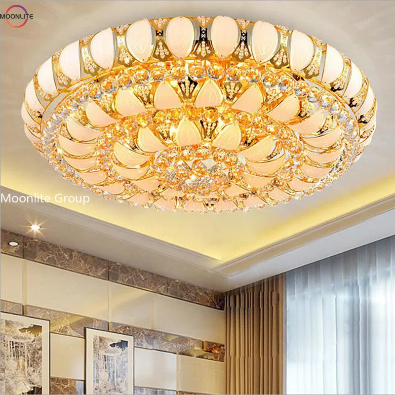 Luxury Gold Large Ceiling Light K9 Shining Dazzling Crystal Ceiling Light Living Room Lotus Shape Golden Home Light Decoration