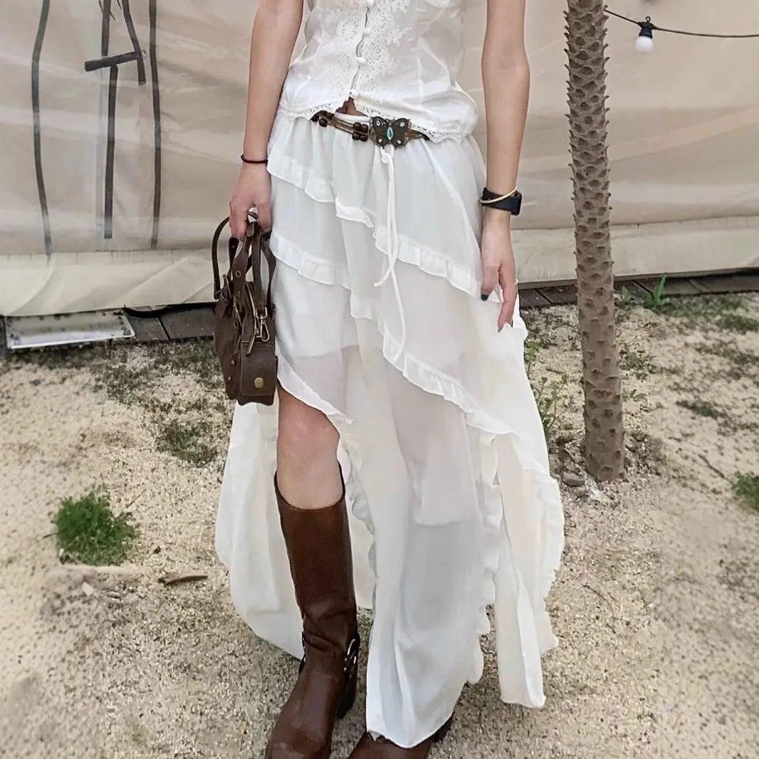

2025 г., новые модные женские милые повседневные модные однотонные элегантные свободные белые юбки до щиколотки во французском стиле, женская одежда