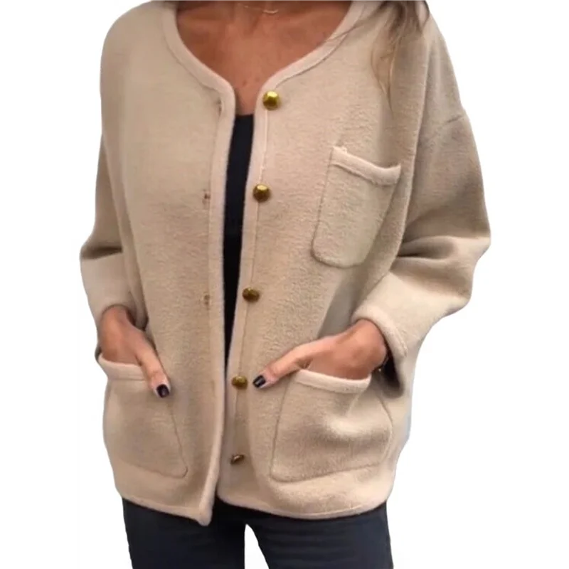 

FO-Women's Autumn And Winter Fashion Casual Round Neck Long Sleeve Button Woolen Coat With Pockets
