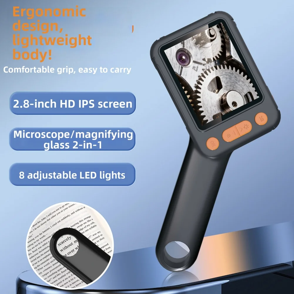 HM028B 3-in-1 Digital Microscope 2.8 Inch IPS Screen Sliding Focus Camera With 8 LED Lights For Gem Biological Observation Tool
