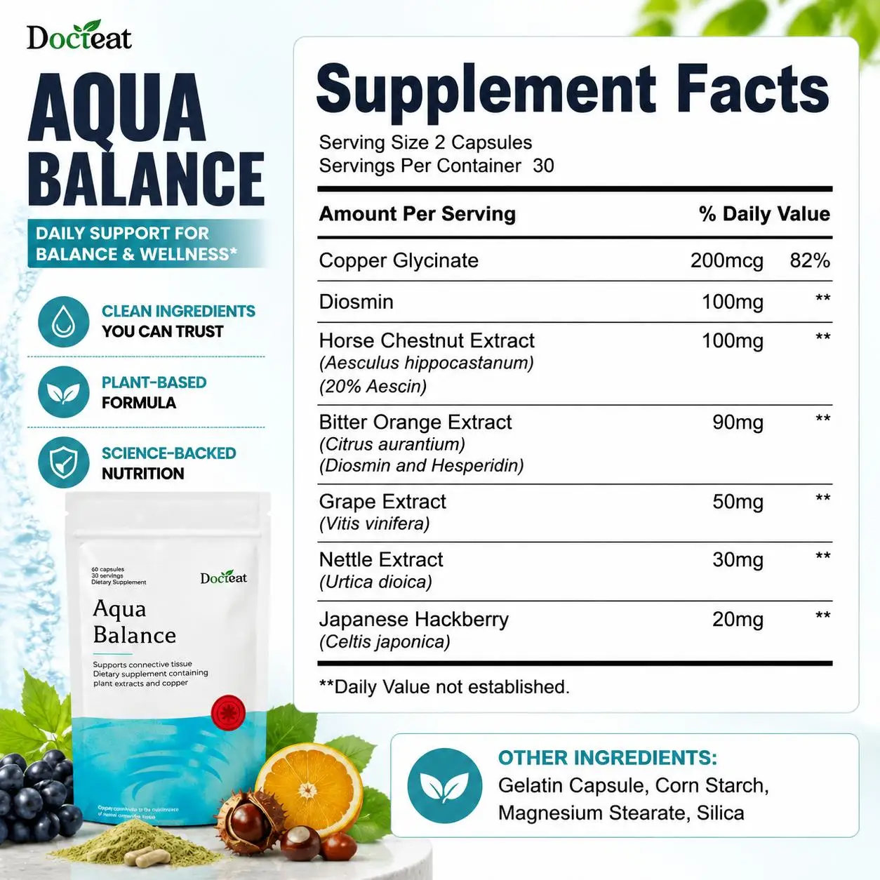 Docteat Aqua Balance Copper Glycinate Diosmin Horse Chestnut Supplement - Connective Tissue Support & Antioxidant, Vegan Non-GMO
