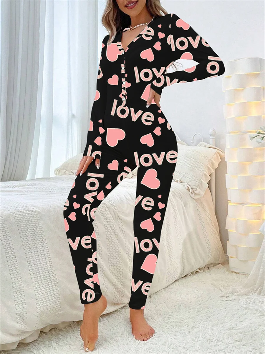 2024 Valentine\'s Day Sleepwear Jumpsuit Long Sleeve Butt Flap Romper Women V-neck Heart Letters Print 1 Piece Lounge Nightwear