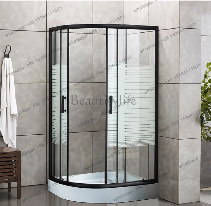 Fan matte simple shower room Ya black screen sliding door glass bath partition bathroom