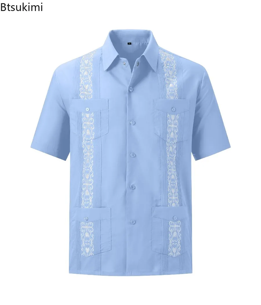 

Мужские рубашки Guayabera, 1992, традиционная повседневная рубашка с коротким рукавом на молнии и лацканами, модные кубинские рубашки с четырьмя карманами и вышивкой, мужские