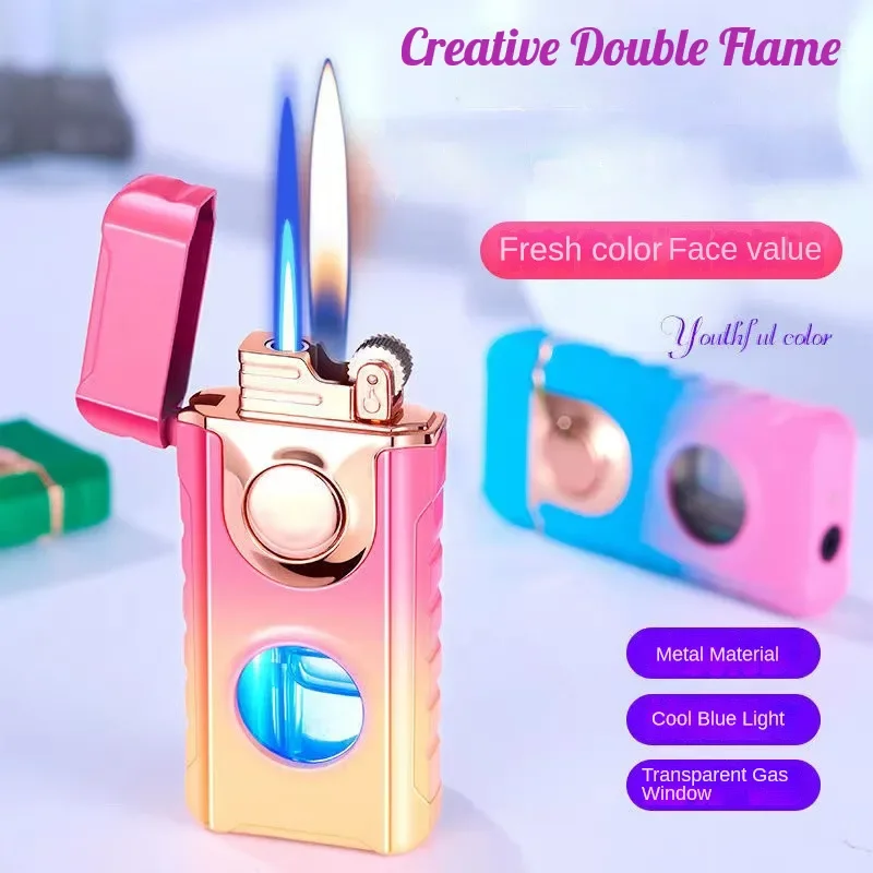 Creative Double Flame Butane Gas Lighter LED Blue Light Visual Gas Window Jet Flame Switching To Open Flame Cigar Lighters Gifts