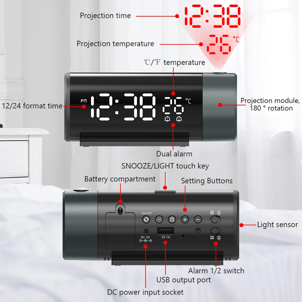 Projection Alarm Clock Digital Clock with 180° Rotatable Projector 4-Level Brightness Dimmer Digital Alarm Clock for Bedroom
