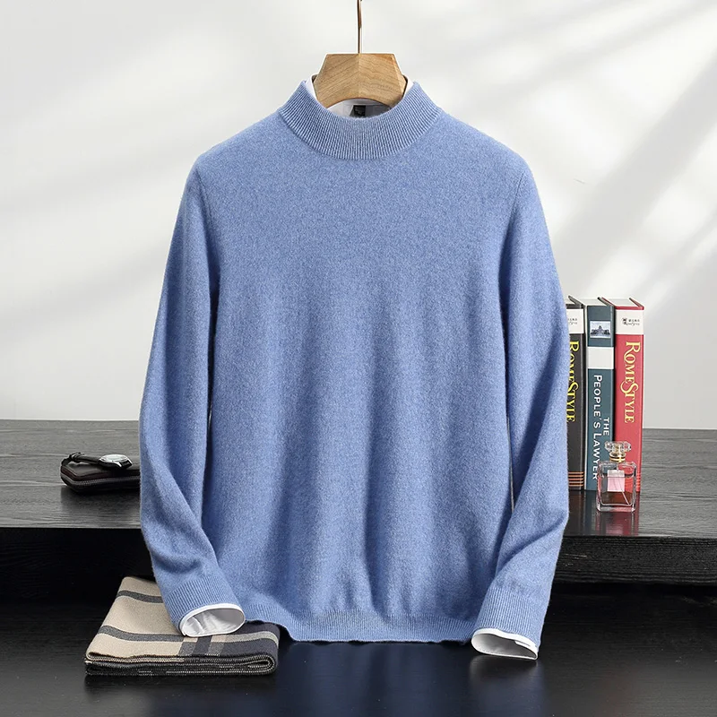 LDZWSM Men's Cashmere Wool Sweater Autumn Winter New Half High Collar Pullovers Loose High-End Knit Shirt Casual Tops M3004023