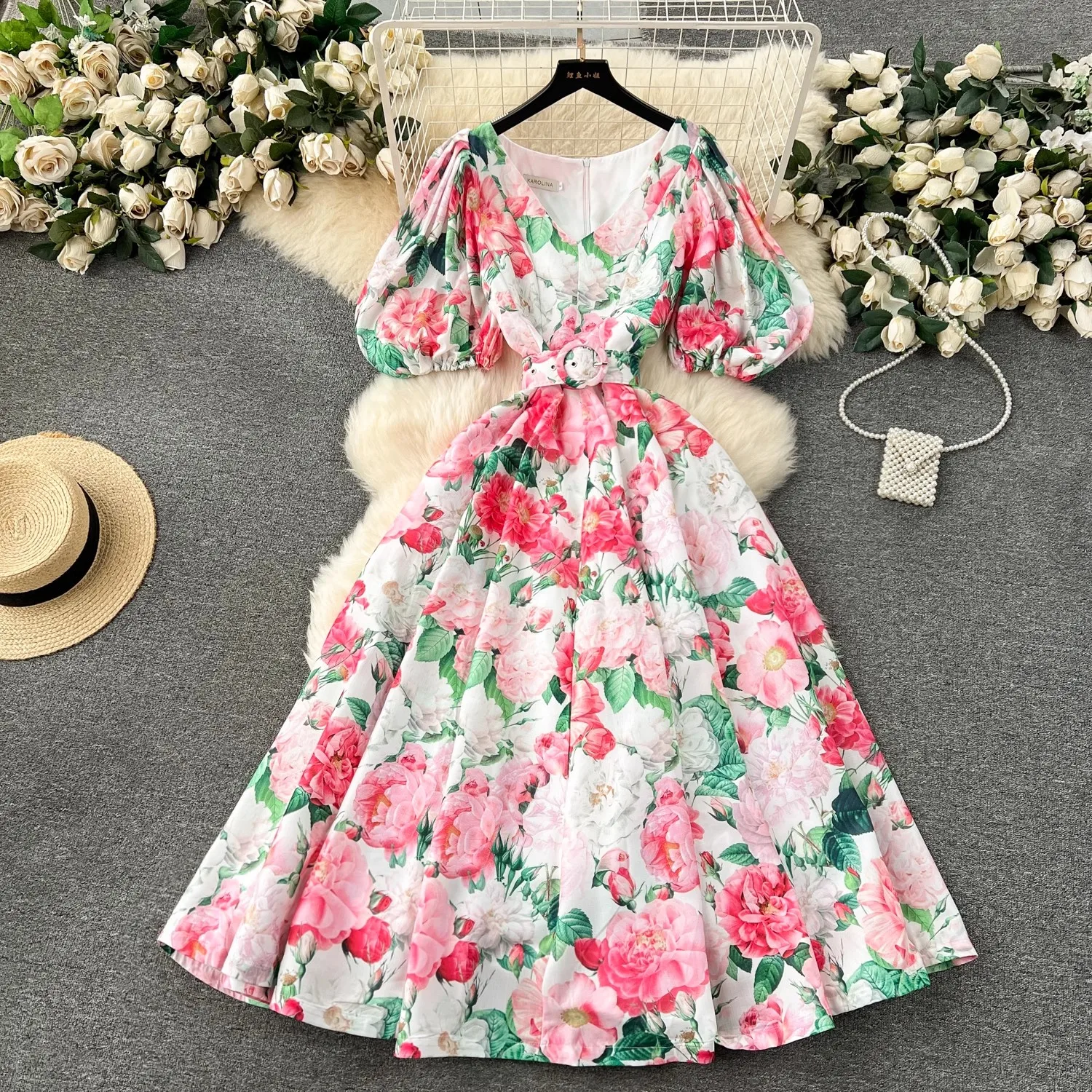 

New Summer Women Flower Print V Neck Lantern Sleeve Belt Holiday Style Vintage Gorgeous Boho Robe Dresses