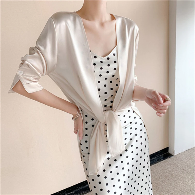 Spring Autumn Long Sleeves Women\'s Cardigan Basic Loose Oversize  Satin Shirts Simple Elegant Open Stitch Blouses Women 2024 New