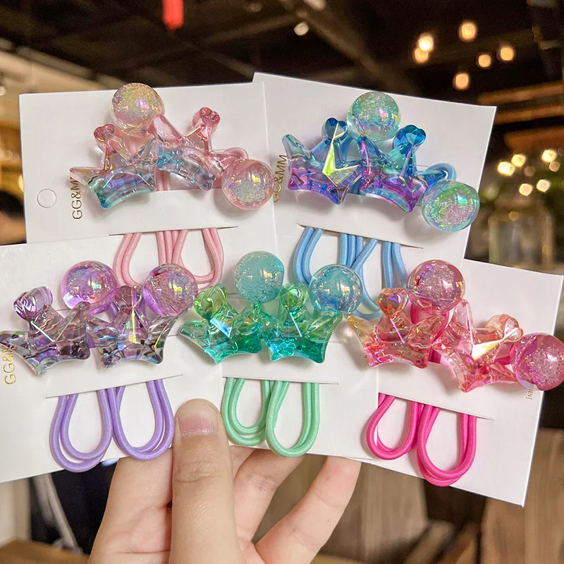 2Pcs/Set Transparent Crown Hair Ties For Girls Head Rope Kids Rubber Bands Ponytail Elastic Hair Band Princess Hair Accessories