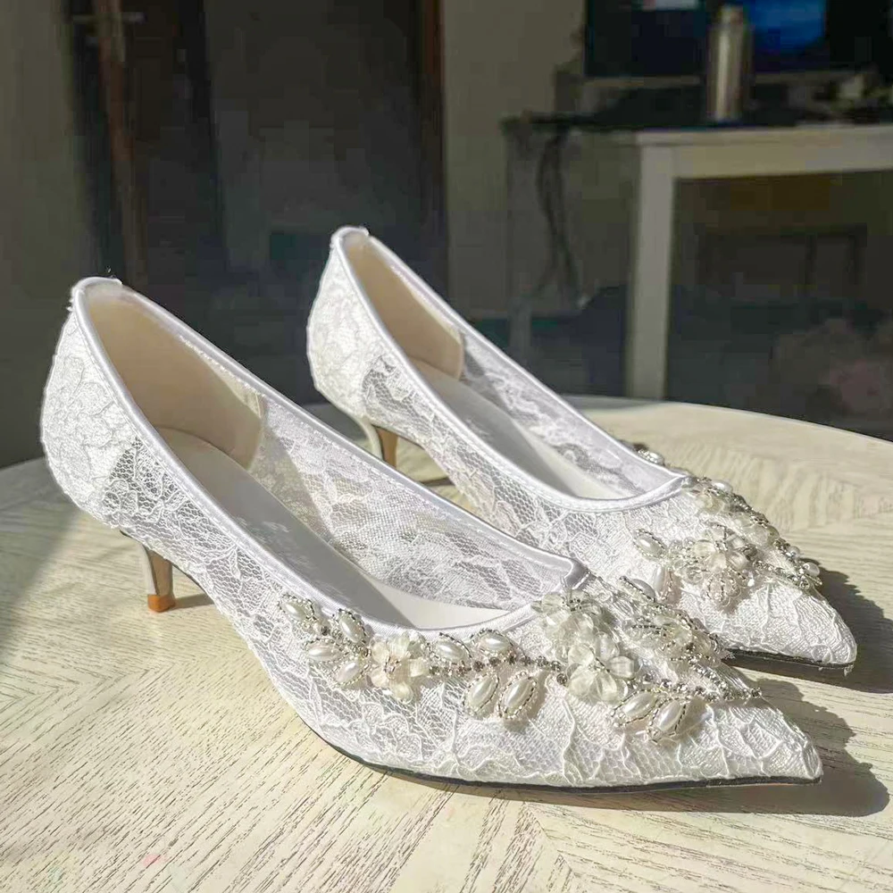 Bride Stiletto Mesh Lace Flowers White News Design Women Wedding Dress Shoes 5cm Middle High Heels Customize Lady Pumps