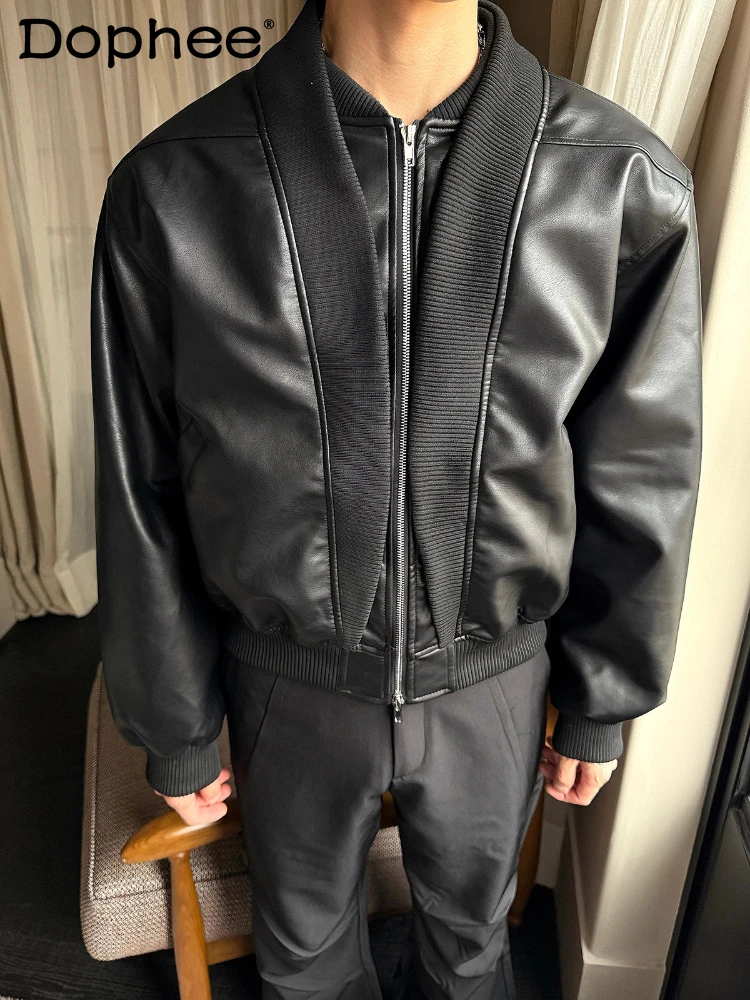 

Men's 2025 Autumn New Faux Two-Piece Coats Male Faux Leather Jackets High-End Stylish Zipper Long Sleeve Chic Motorcycle Jackets