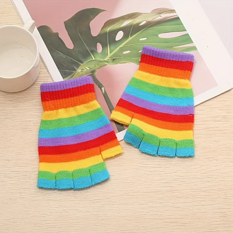 Rainbow Striped Knit Gloves, Thickened Warm Half-Finger Gloves, Autumn and Winter Cold-Proof Gloves for Men and Women