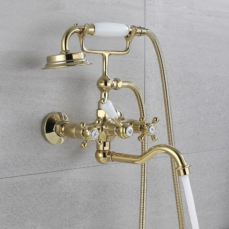 Tuqiu Brush Gold Bathroom Bathtub Faucet + Handheld Shower Set Gold Luxury BathTub Mixer Taps Wall Mounted Brass