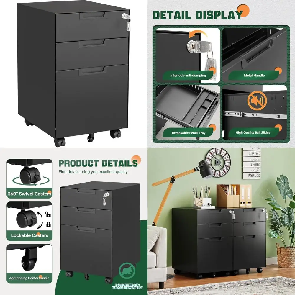 Mobile 3-Drawer Metal File Cabinet with Lock for Home Office, Under Desk Organizer for Letters, Legal, A4 Files