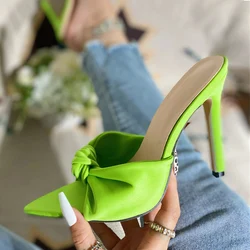 Liyke Designer Cozy Pleated Leather Women Sexy Pointed Toe Green High Heeled Slippers Summer Party Banquet Shoes Ladies Sandals