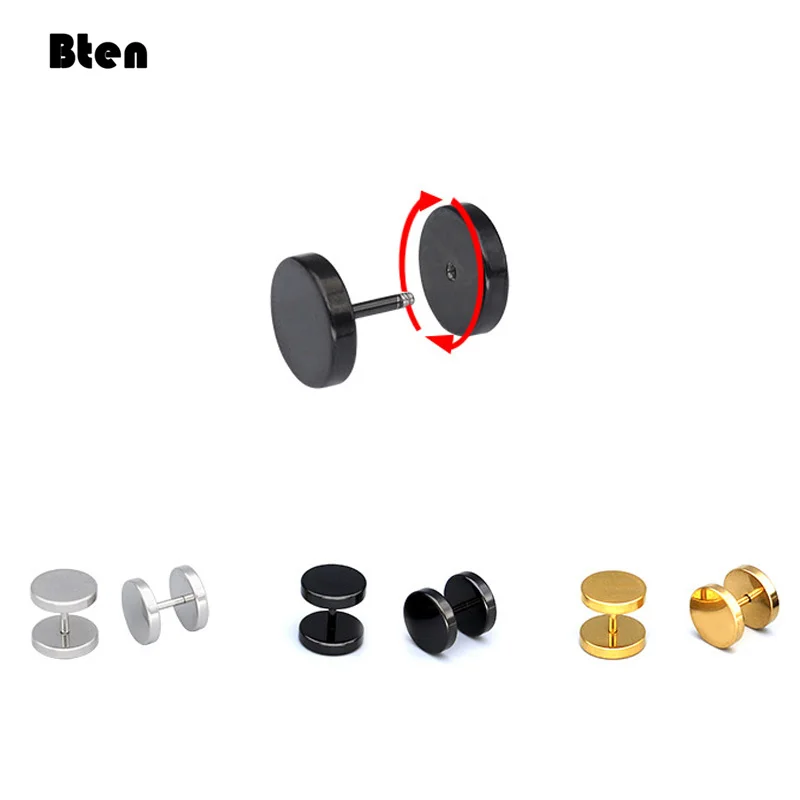 One Pair Black Stainless Steel Round Stud Earrings For Women Dumbbell Pierceing Earrings Men Punk Fashion Jewelry