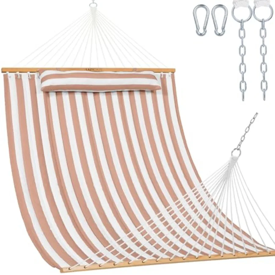 Outdoor 2-person hammock with double quilted beige-white fabric, hardwood spreader bars, pillow, carabiners, and 450lbs capacit