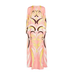 Luxury Designer Women's Jersey Silk Kaftan 2025 New Long Sleeve Loose Maxi Caftan Dress Geometric Printed Abaya