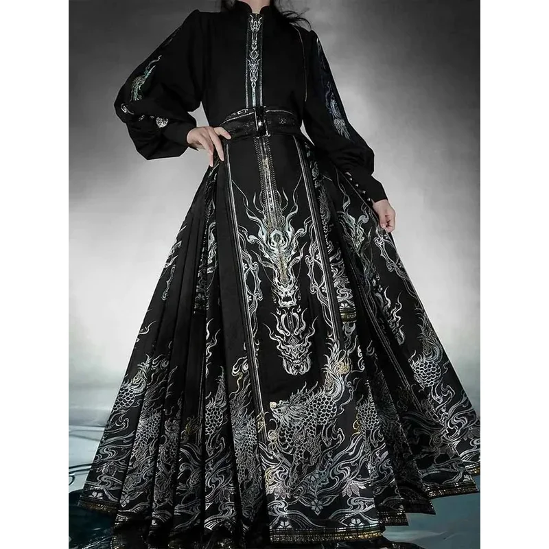 حجم كبير 2XL الصينية الحصان الوجه تنورة مجموعة الرجال موضة جديدة الذهبي الأسود والأزرق مطوي تنورة قمصان سوداء للنساء حجم كبير