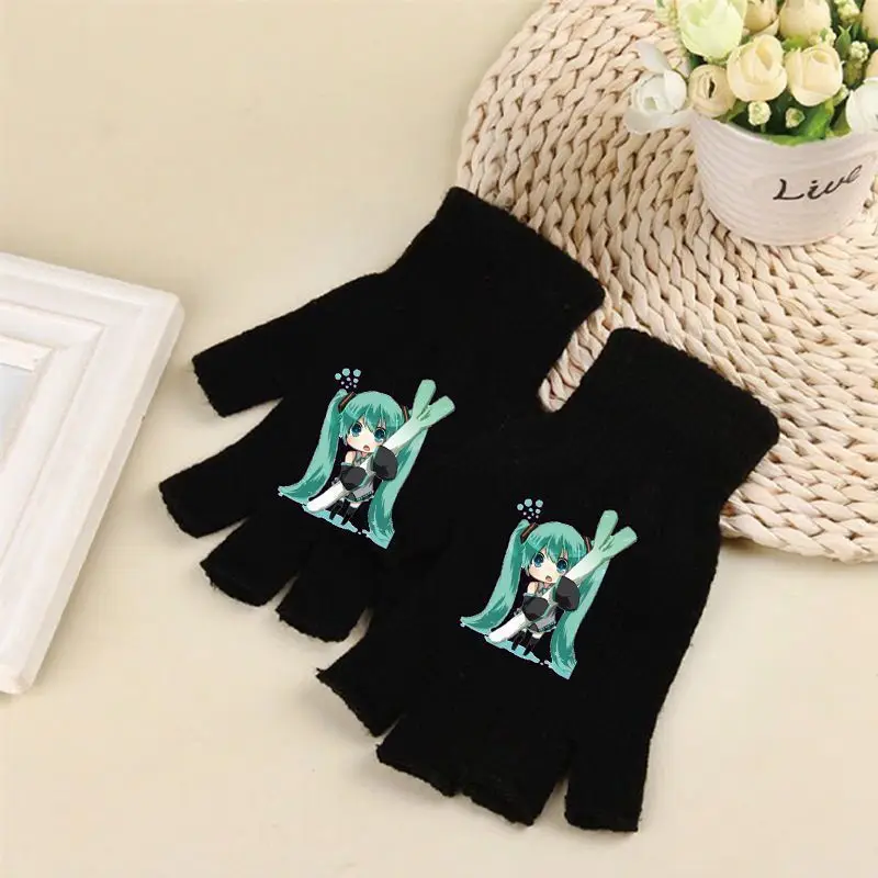 Nuevo Hatsune Miku invierno dulce y lindo creativo anime patrón de dibujos animados simple moda suave piel-amistoso guantes de medio dedo regalo
