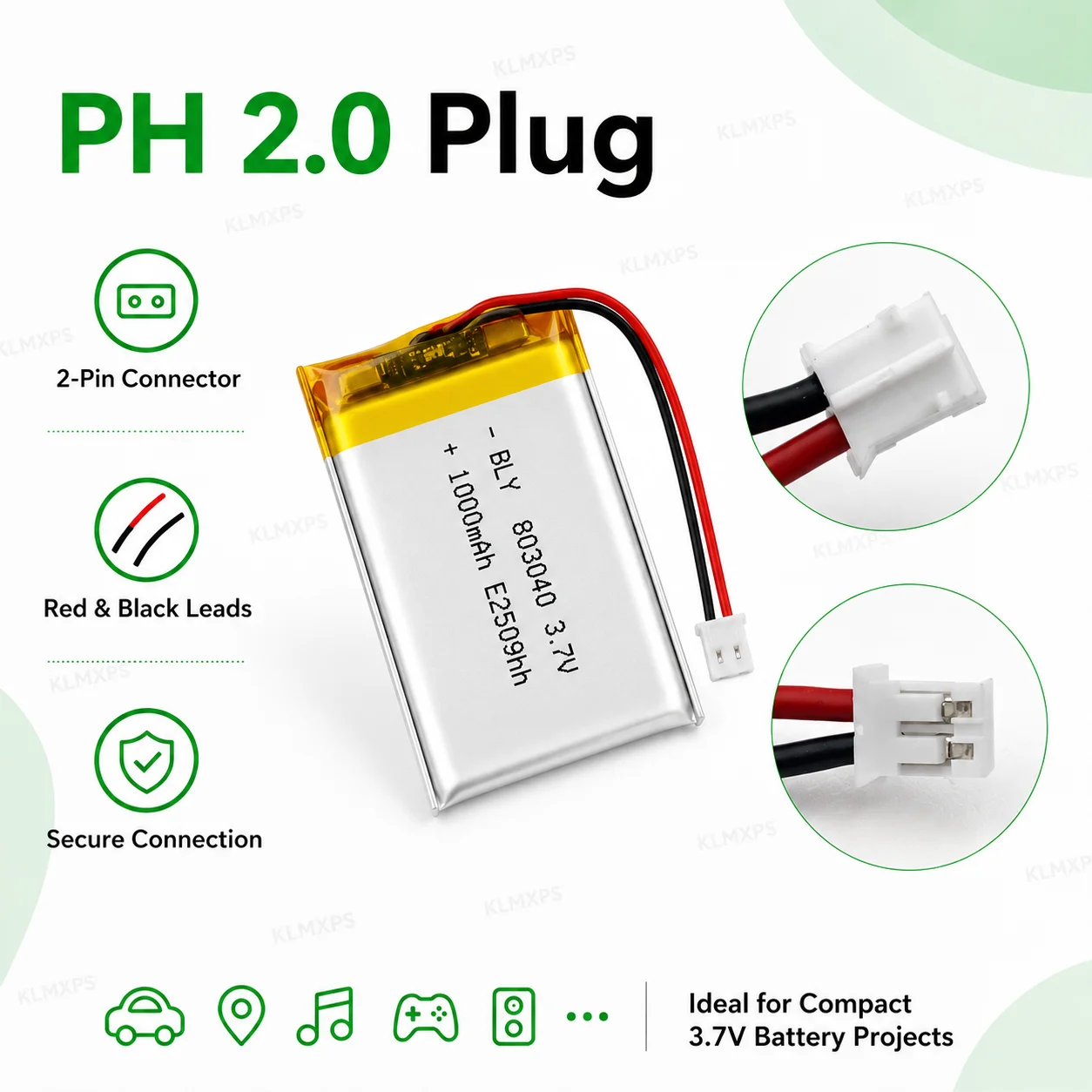 3.7V Rechargeable Li-Po Polymer Battery PH2.0 Plug for PS4 Controller GPS Navigation Bluetooth Speaker MP3 MP4 Humidifier