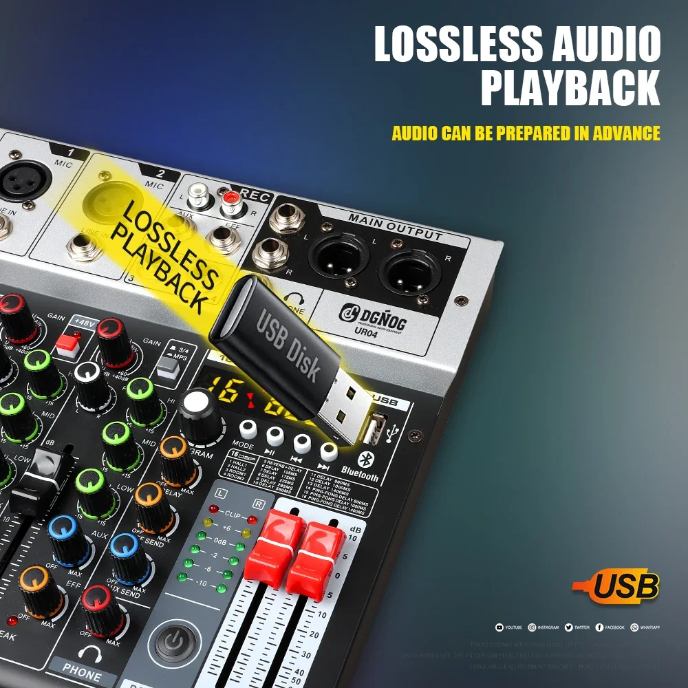 وحدة تحكم خلط الصوت من DGNOG مزودة بـ 4 قنوات 16 DSP مع بلوتوث طاقة فانتوم 48 فولت لطاولة صوت تسجيل الكمبيوتر من DJ UR04