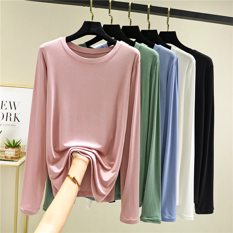 Modal Long Sleeve T-shirt Women\'s 2023 New Autumn/Winter Loose O-Neck  Baisc Bottoming Shirt Korean Solid Thin All-Match Top