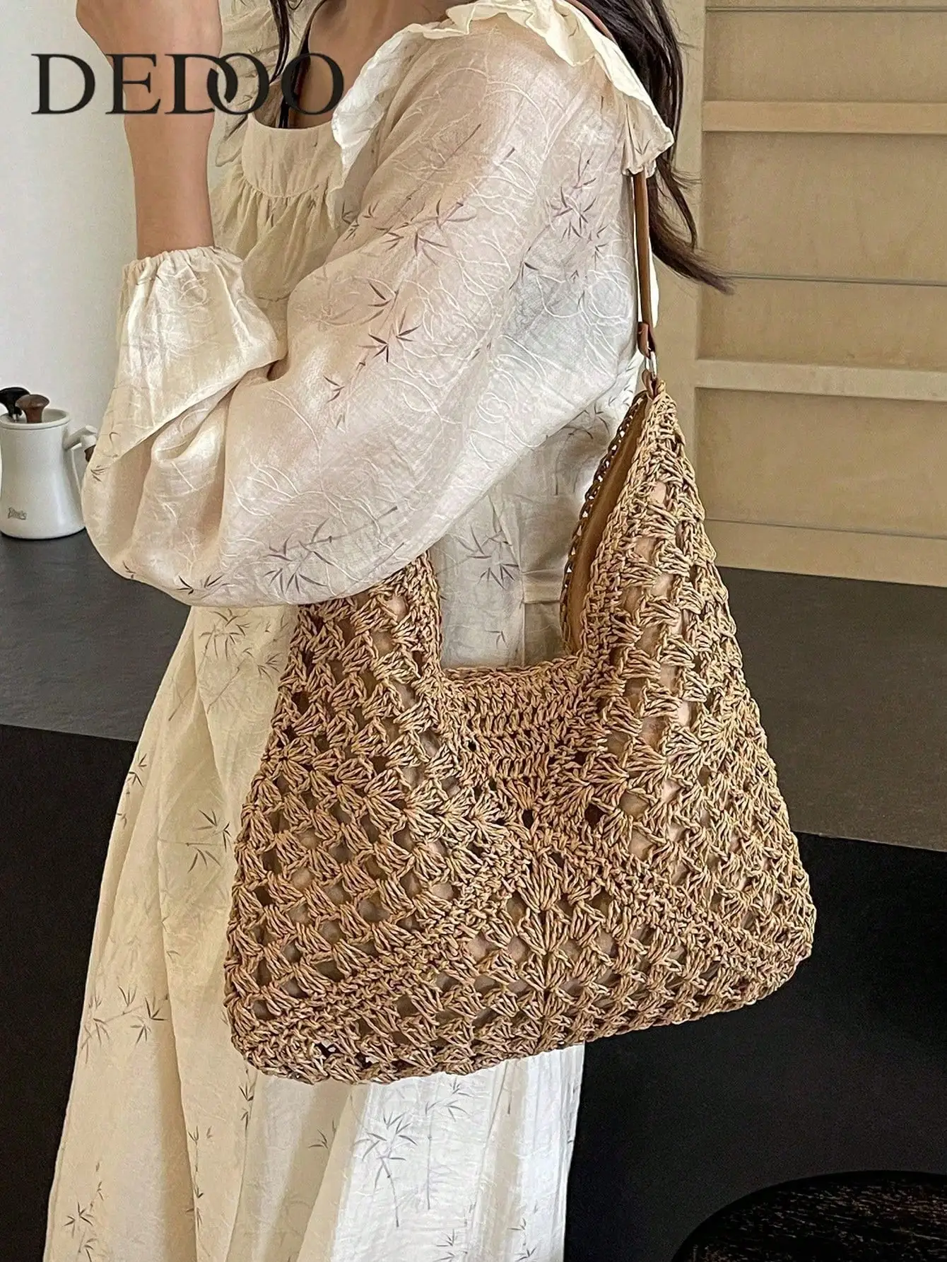 Women's Hand-Woven Grandmother Check Contrasting Large Capacity Tote Bag, Beach Purse, Perfect For Summer, Vacation & Daily Use, Travel Must Haves, Summer Straw Beach Bag For Women ,Holiday sg25050208128929353
