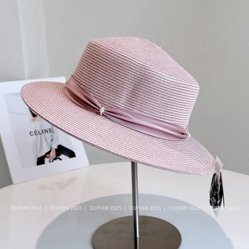 New Fashion Design Spring and Summer Beach Flat Top Hat Women's Straw Knitted French Soft Hat Wide brimmed Jazz British Sun Hat