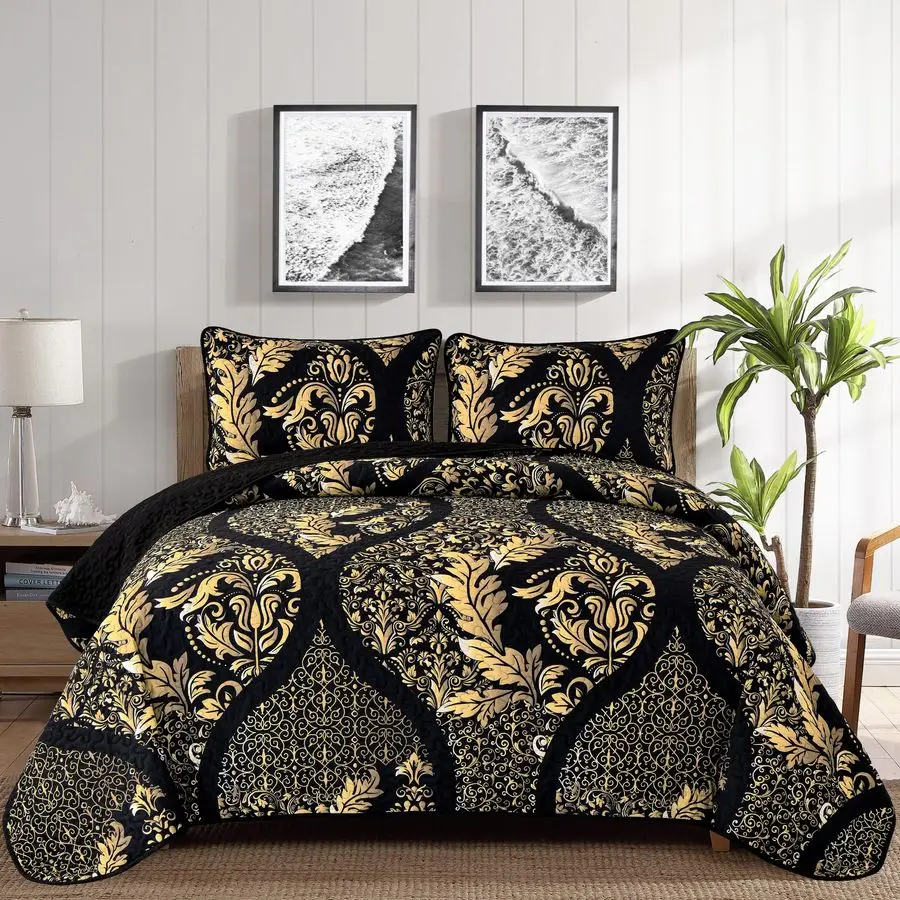 

Black Quilt Set Queen Size, Boho Gold Damask Bedspread Coverlet Set Soft Lightweight Microfiber Luxury Bedding Set 3 Pieces for