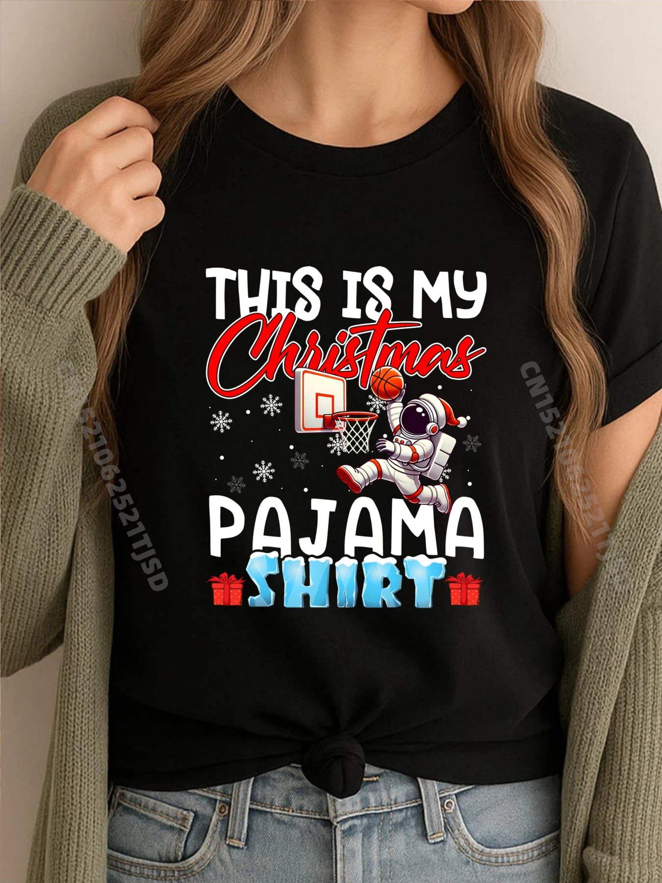 

Astronaut Christmas Pajama Space Tree Snowflakes Xmas Woman Graphic Tees Short Sleeve Tee 4TH of July