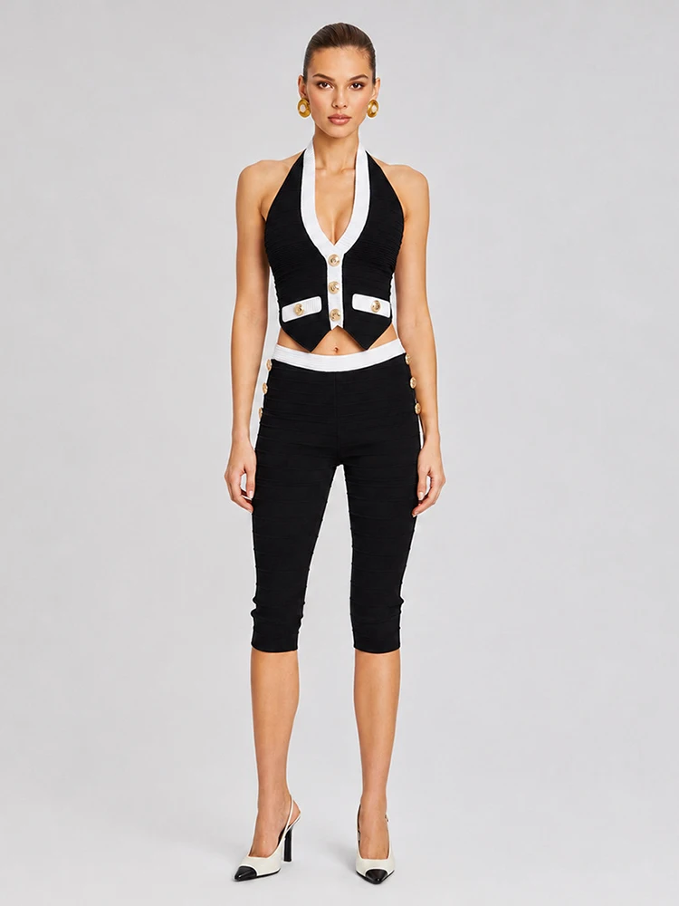 Sexy Two Piece Set Women Bandage Capri Pants Suits Halter Neck Backless Crop Top + Button Calf-Length Pants Sets Evening Party