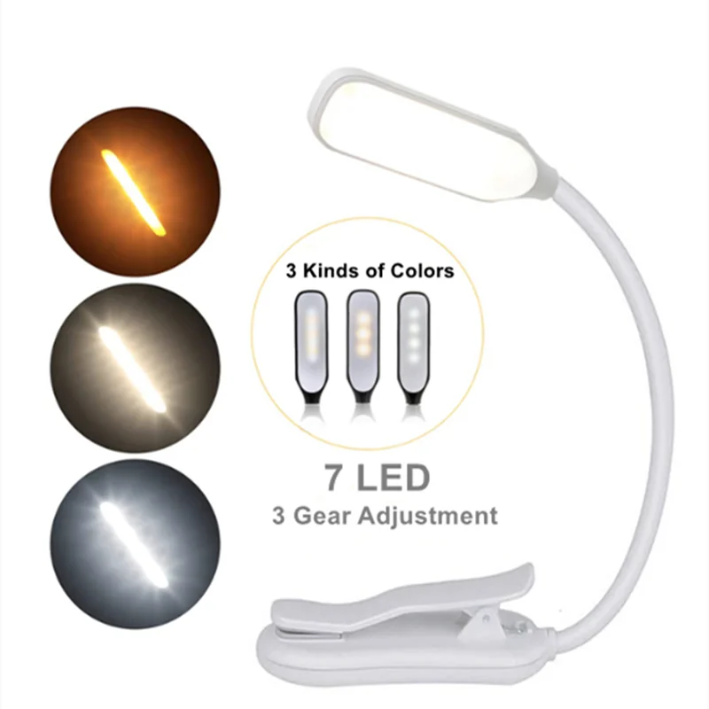 Rechargeable Book Mini 7 Led Level 3 Warm Cold White Flexible Clip-on Night On Reading