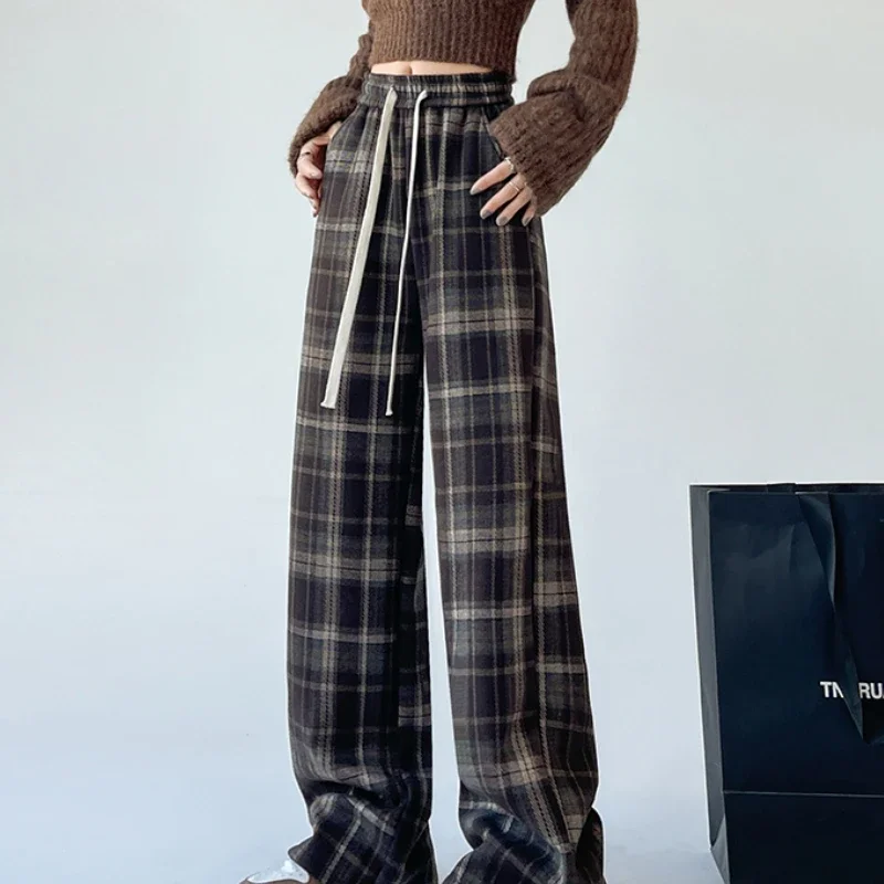 Retro Plaid Straight-Leg Pants Female Autumn Winter Woolen High Waist Loose Trousers Lazy Casual Narrow Version Pants Mujer 2024