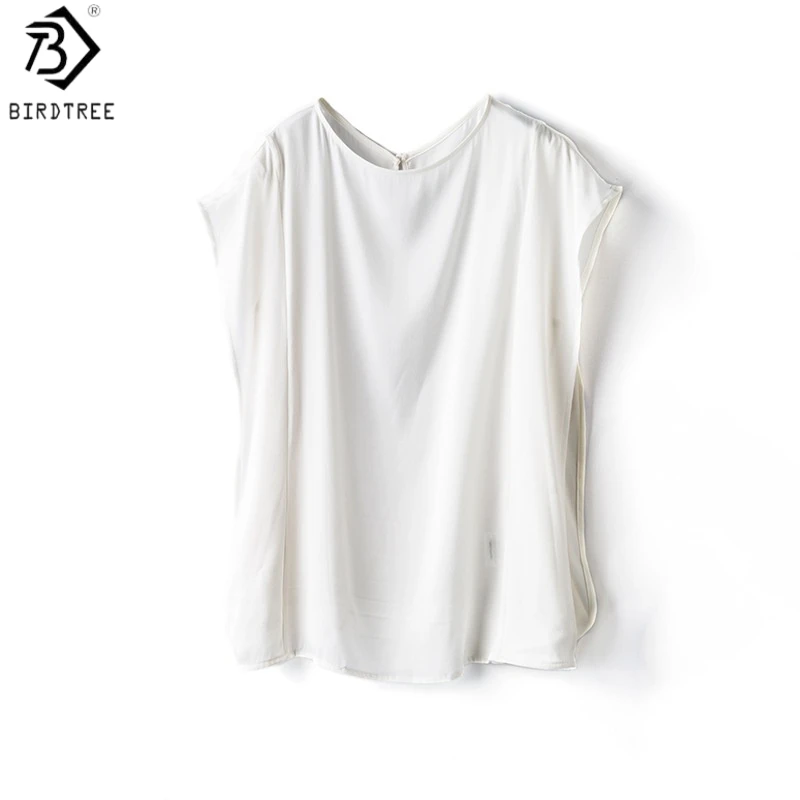 

Birdtree, 23MM 93% Silk 7% Spandex Tshirt, Short Sleeve O-neck Tops, Women's Double Qiao Satin Shirt, 2026 Summer New T65513JF